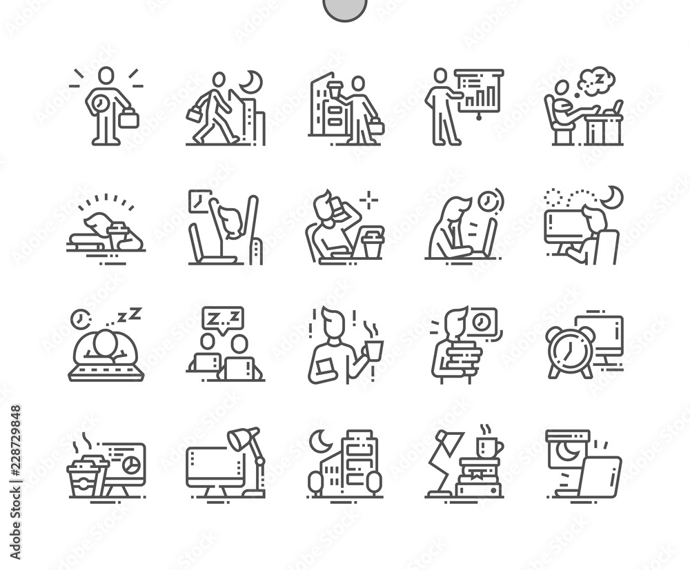 Working Late Well-crafted Pixel Perfect Vector Thin Line Icons 30 2x Grid for Web Graphics and Apps. Simple Minimal Pictogram - obrazy, fototapety, plakaty 
