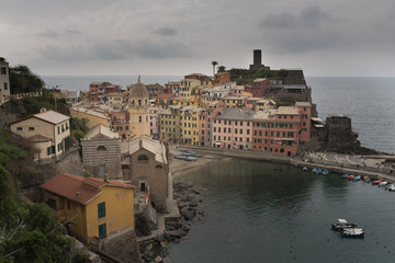 Beautiful view of Vernazza .Is one of five famous colorful villages of Cinque Terre National Park in Italy, suspended between sea and land on sheer cliffs. Liguria region of Italy