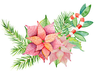 Wall Mural - Merry Christmas watercolor wreaths with floral winter elements. Happy New Year card, posters. 