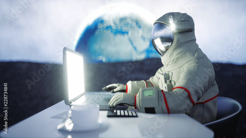 Fotografie, Tablou  Astronaut on the moon working with notebook . 3d rendering.