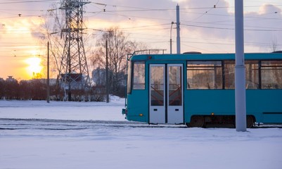 Wall Mural -  tram in winter in the city. electricity.