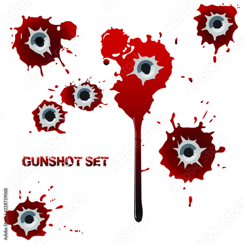 Set of bullet holes with blood in walls or body. Bloody stains, spatter