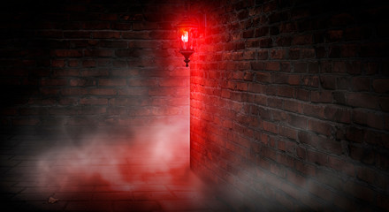 Wall Mural - A dark street, a red lantern, a brick wall, smoke, a corner of the building, a lantern shining. Night scene, club neon light. Night city and neon light.