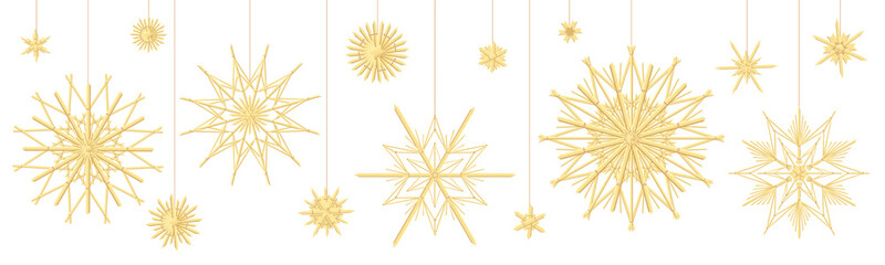 Straw star collection. Traditional handmade christmas decoration. Vector illustration on black background.