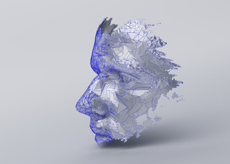 Polygonal human face. 3D illustration of a cyborg head construction. Artificial intelligence concept.