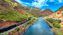 Aerial Train Glenwood Canyons Red Rocks In Colorado Colorado River