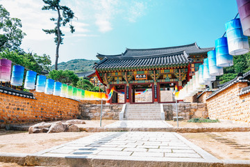 Sticker - Beomeosa temple, Korean traditional architecture and colorful lanterns in Busan, Korea