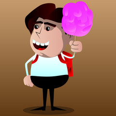 Schoolboy holding pink cotton candy. Vector cartoon character illustration.