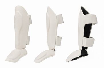 leg and knee protection in karate and kickboxing, on white background. sportswear