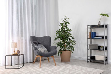 Poster - Stylish room interior with armchair and potted ficus