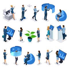 Wall Mural - isometric set of businessmen and business ladies with gadgets, high tech technology, smartphones, la