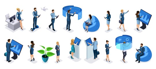 Wall Mural - isometric set of businessmen and business ladies with gadgets, high tech technology, smartphones, la
