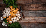 Fototapeta Mapy - Wooden tray with raw oyster and chanterelle mushrooms on wooden table. Copy space for your text. Banner.