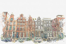 Illustration Or Watercolor Sketch. Traditional Old Architecture In Amsterdam. European Architecture.