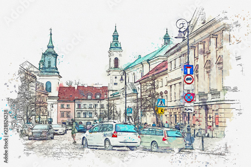 szkic-akwarela-lub-ilustracja-tradycyjnej-ulicy-z-apartamentowcami-w-warszawie-samochody-jezdza-w-trase-a-ludzie-zajmuja-sie-codziennymi-sprawami-normalne-zycie-w-miescie