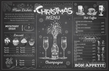 Wall Mural - Vintage chalk drawing christmas menu design with champagne. Restaurant menu