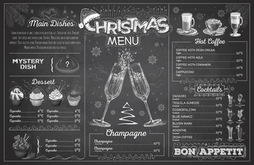 Wall Mural - Vintage chalk drawing christmas menu design with champagne. Restaurant menu