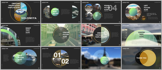 Wall Mural - Minimal presentations design, portfolio vector templates with circle elements on black background. Multipurpose template for presentation slide, flyer leaflet, brochure cover, report, advertising.