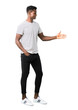 © luismolinero - Full body of Dark skinned man with striped shirt shaking hands for closing a good deal on white background