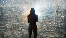 Young Woman Looking On The Black Board With Mathematical Formulas And Calculations. Bright Idea, Way Of Thinking, Discovery And Challenge Concept. 