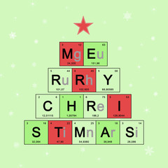 christmas tree decorated elements periodic table, scientific theme, chemistry - new year card on lig