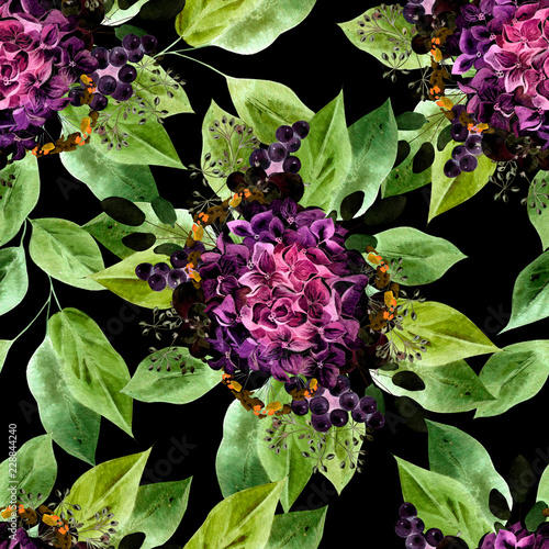 Colorful watercolor pattern with flowers hydrangea, plants and leaves.