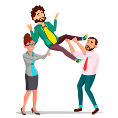 Canvas Print - Customer Support, Employee In Business Suit Holding A Happy Client Over His Head Vector. Isolated Illustration