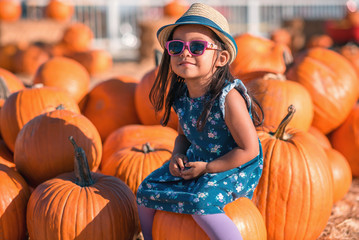 little girl in pumpkin patch