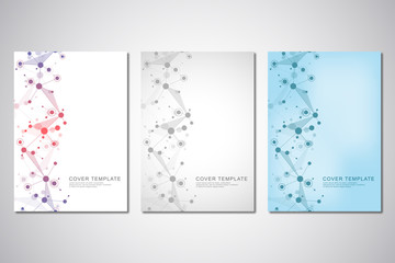 Wall Mural - Vector template for brochure or cover with molecular structure background and connected lines and dots. Medicine, science and digital technology concept.
