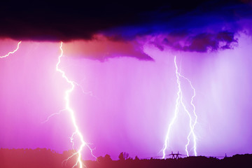 Wall Mural - Lightnings and storm over forest at night. Thunder lightning, storm, danger,