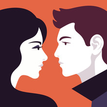 Man And Woman In Profile. Couple. Relationships In The Family. Psychology. Vector Flat Illustration