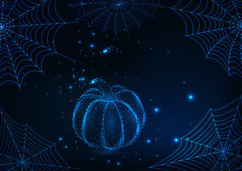 Halloween greeting card template with glowing spider webs and low poly pumpkin on dark blue background