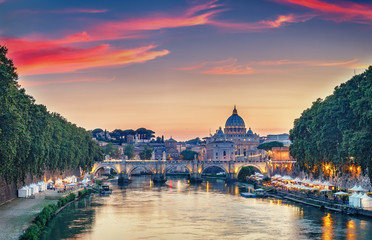 Fototapete - Scenic view on the Vatican in Rome, Italy, at sunset. Colorful travel background.