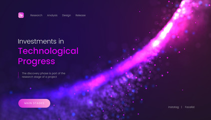 Abstract landing page template with a shiny purple particles background - Investments in Technological Progress, can be used for business, internet technology and web interface