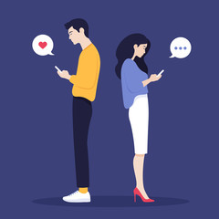 A woman and a man stand in profile and look in their phones. Smartphones and technologies. Communication. Vector Flat Illustration