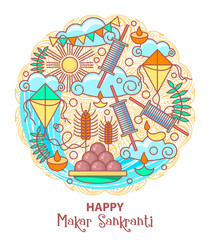 Wall Mural - Makar Sankranti kites festival of India. Food, candels, sun, kite string spool background. Makar Sankranti celebration vector illustration