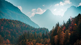 Fototapeta Fototapety góry  - Beautiful mountain landscape with autumn forest. Alpine scenery - Julian Alps