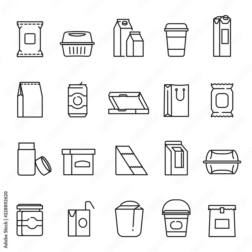 Food packaging symbols, line art icon set - obrazy, fototapety, plakaty 