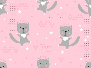 Wall Mural - seamless pattern with cute cats princess in crown vector background. perfect for wallpapers, pattern