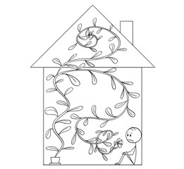 Wall Mural - Cartoon stick drawing conceptual illustration of depressed man who is sitting in corner of his home forced out by giant or big Plant growing from pot.