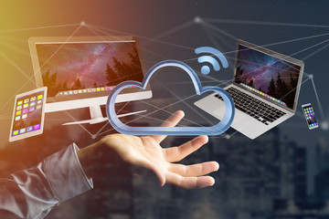 Wall Mural - devices like smartphone, tablet or computer flying over connected cloud - 3d render