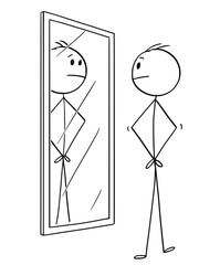 Cartoon stick drawing conceptual illustration of man looking at himself in the mirror.