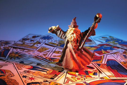 Wizard Figurine and Tarot Cards