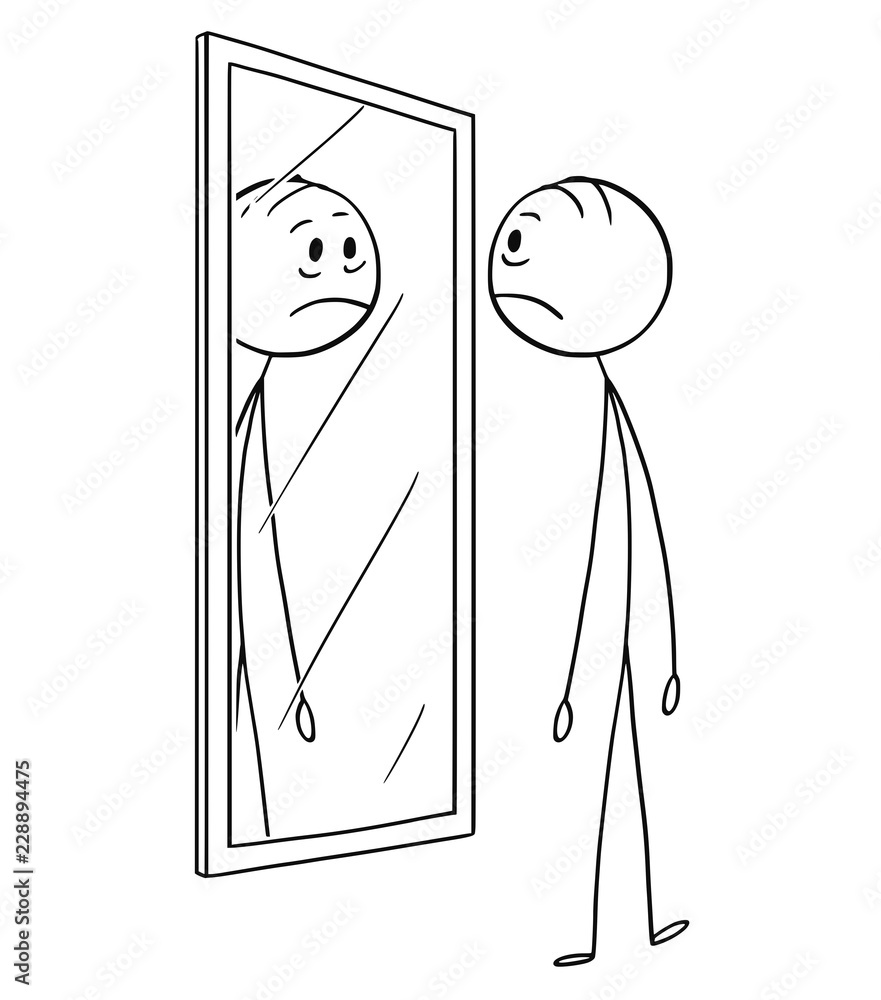 Cartoon stick drawing conceptual illustration of sad depressed man looking  at himself in the mirror. Stock Vector | Adobe Stock, image size:881x1000