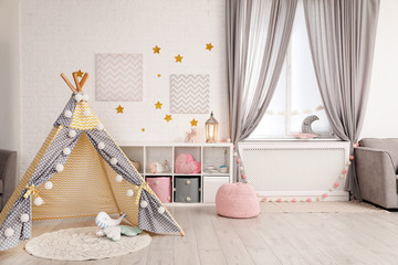 Poster - Cozy kids room interior with play tent and toys