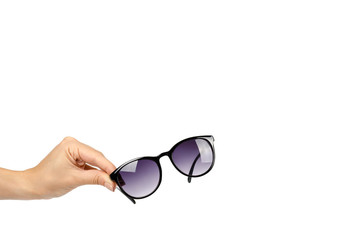 Wall Mural - Stylish plastic sunglasses with hand isolated on white background, copy space template