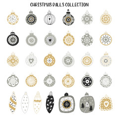 Wall Mural - Big set of New Year decorations. Hand drawn Christmas balls collection. Vector illustration