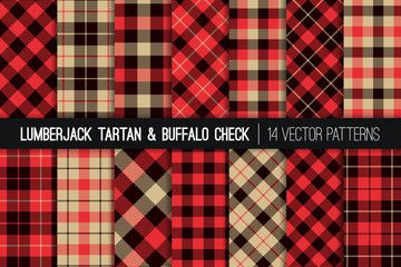 Wall Mural - Lumberjack Tartan and Buffalo Check Plaid Vector Patterns. Red, Black and Tan Christmas Backgrounds. Hipster Flannel Shirt Fabric Textures. Repeating Pattern Tile Swatches Included