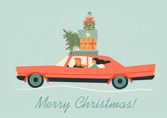 Wall Mural - Christmas and Happy New Year illustration with red car. Trendy retro style.