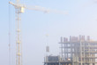 Tower cranes on the construction of a building with a frame of reinforced concrete. Works in the morning mist.